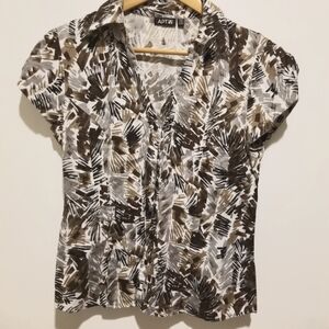 APT 9 Collared All Over Print Brown Buttoned Top Petite M Artcore
